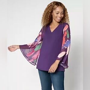Chic Women's Purple Blouse with Floral Sleeves
